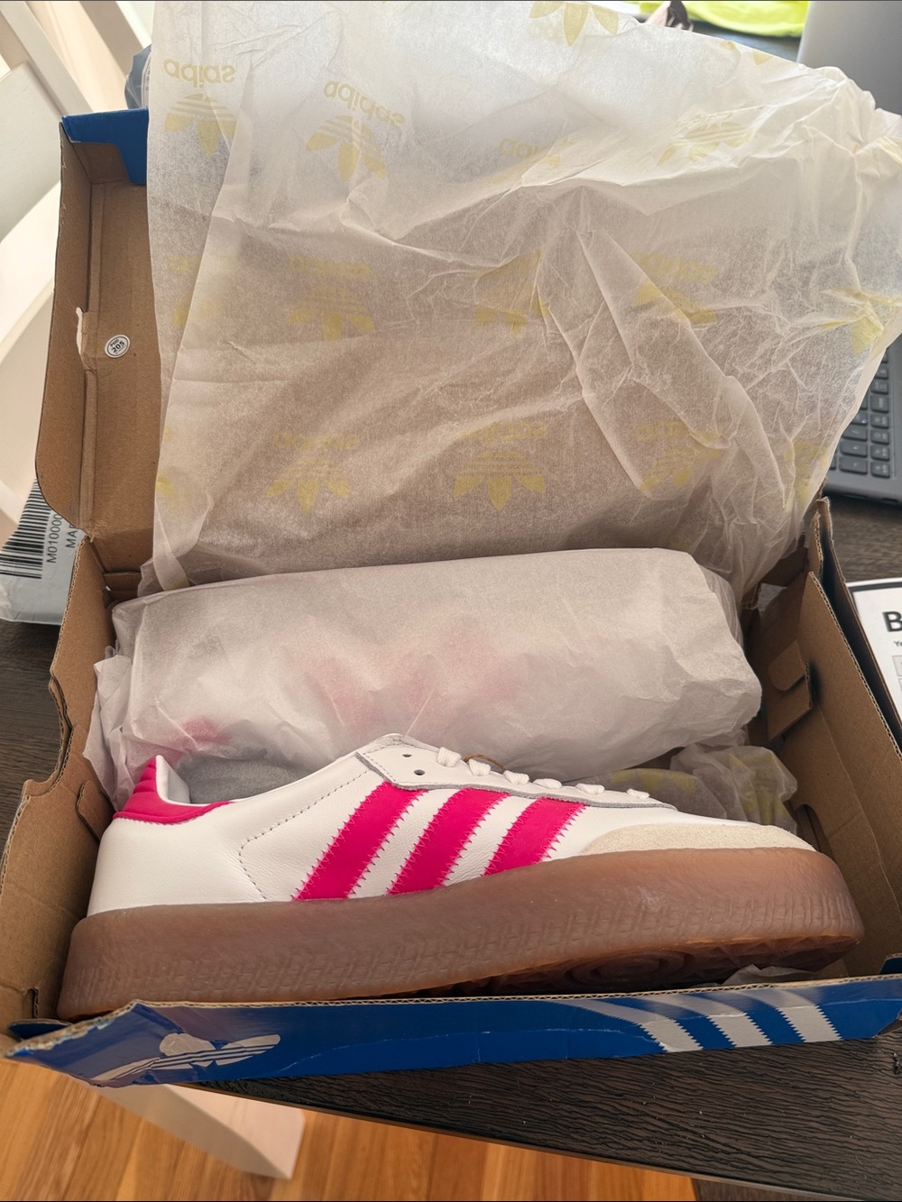adidas Samba Women’s White Sneakers with Pink Stripes and Gum Sole